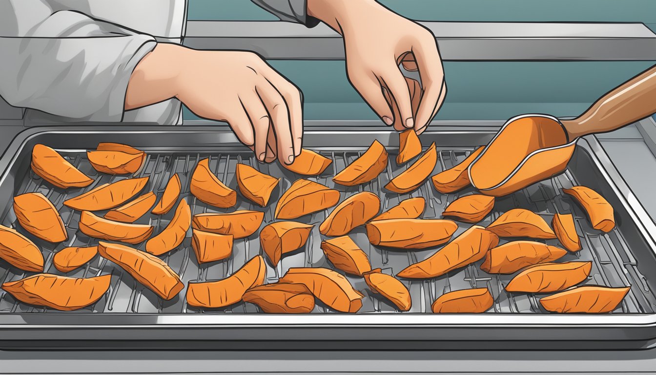 Sweet potato fries arranged on a baking sheet, being placed in a freezer