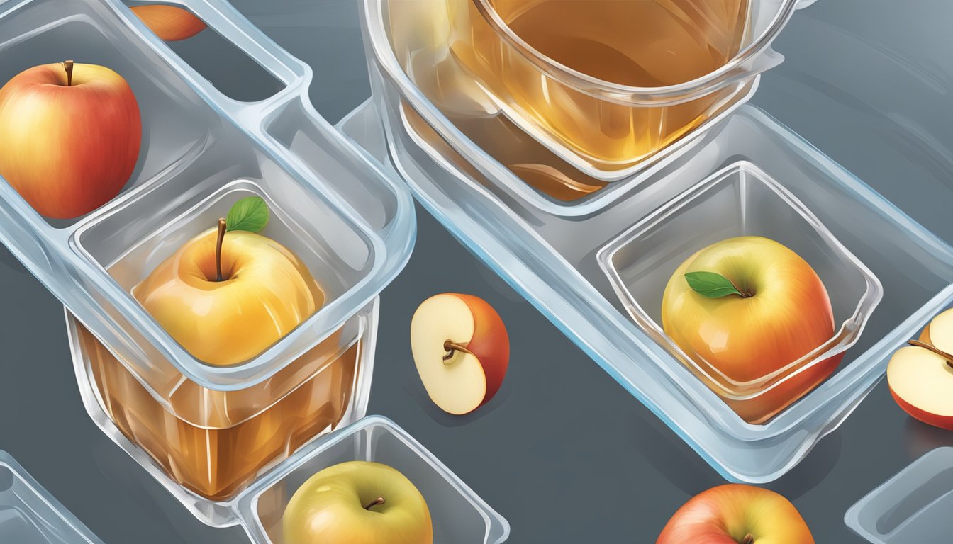 A pitcher of apple cider being poured into ice cube trays, then placed in the freezer