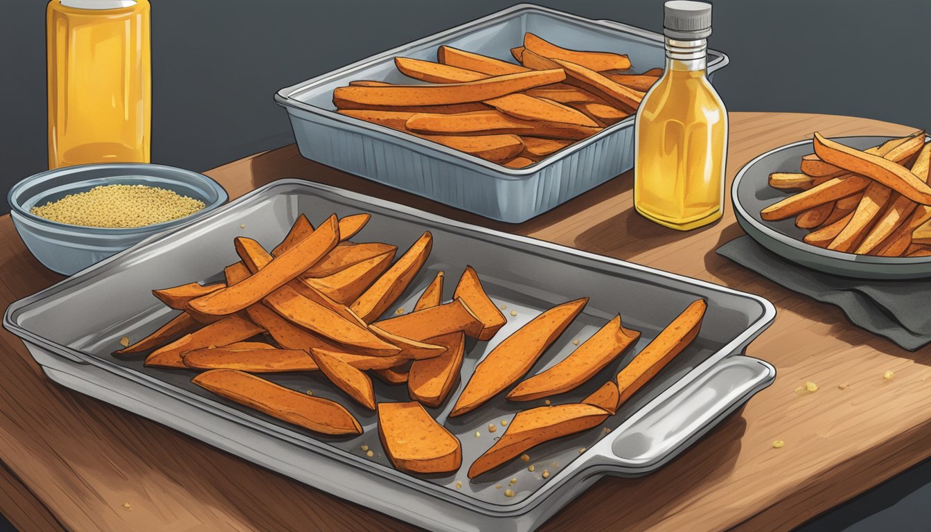 Sweet potato fries arranged on a baking sheet, surrounded by a bowl of oil and a container of seasoning. A freezer door is open in the background