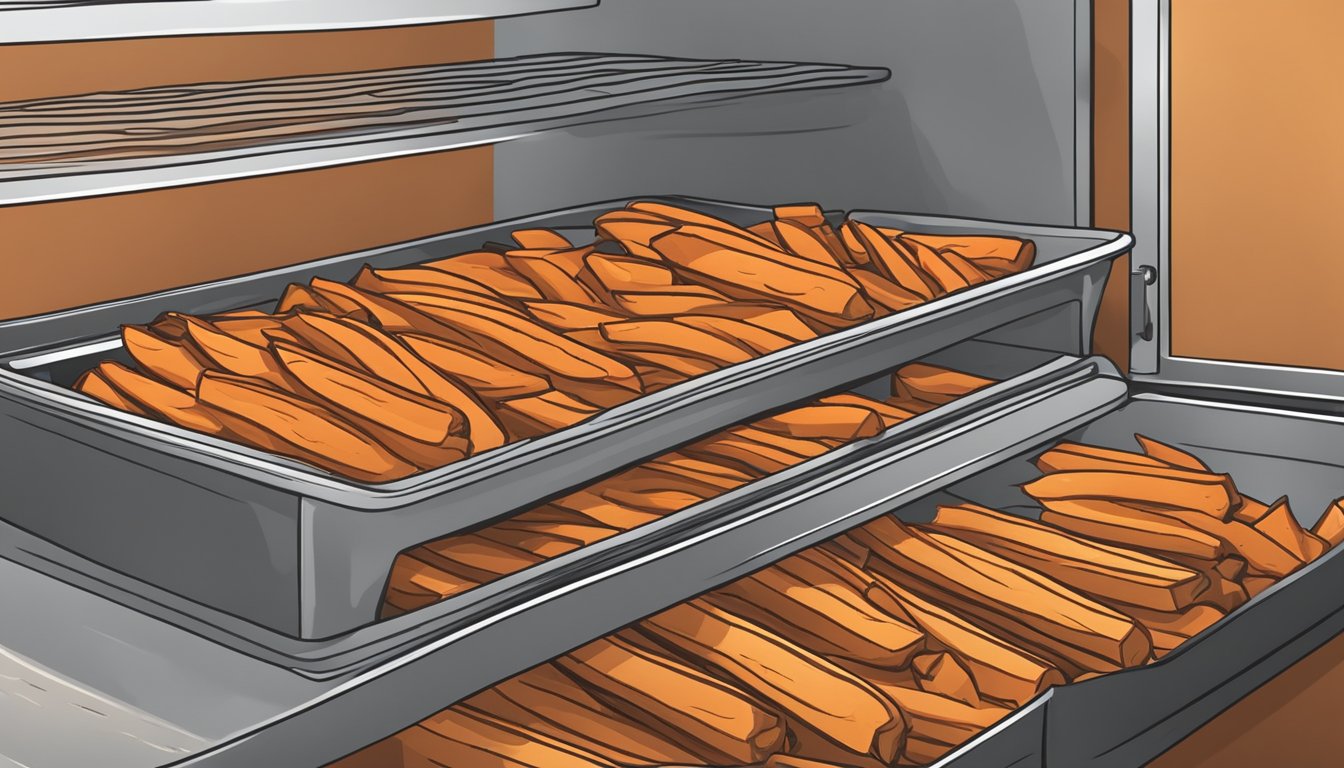 Sweet potato fries arranged on a baking sheet, seasoned with various spices. A freezer door is open, with frost forming on the shelves