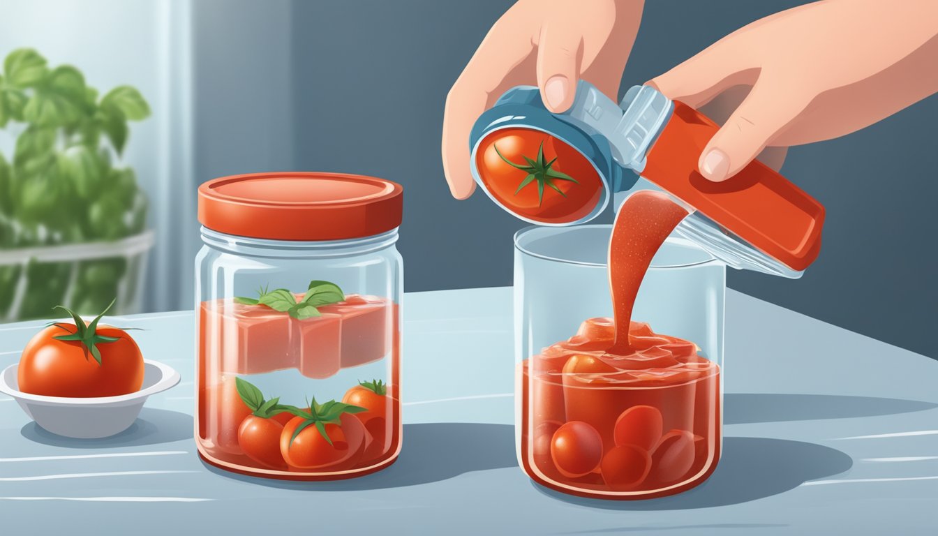 A jar of homemade tomato paste being poured into an ice cube tray and placed in the freezer