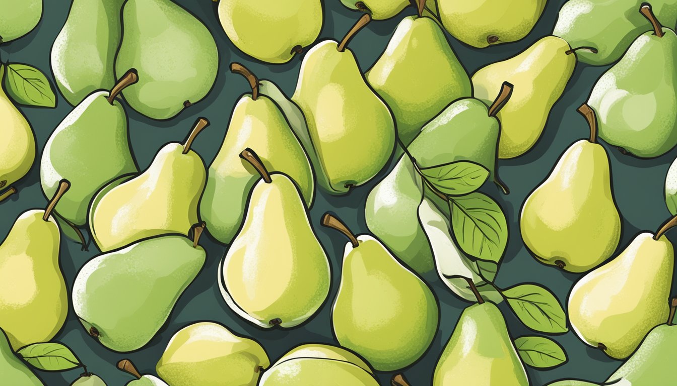 Fresh pears arranged on a baking sheet, ready to be frozen