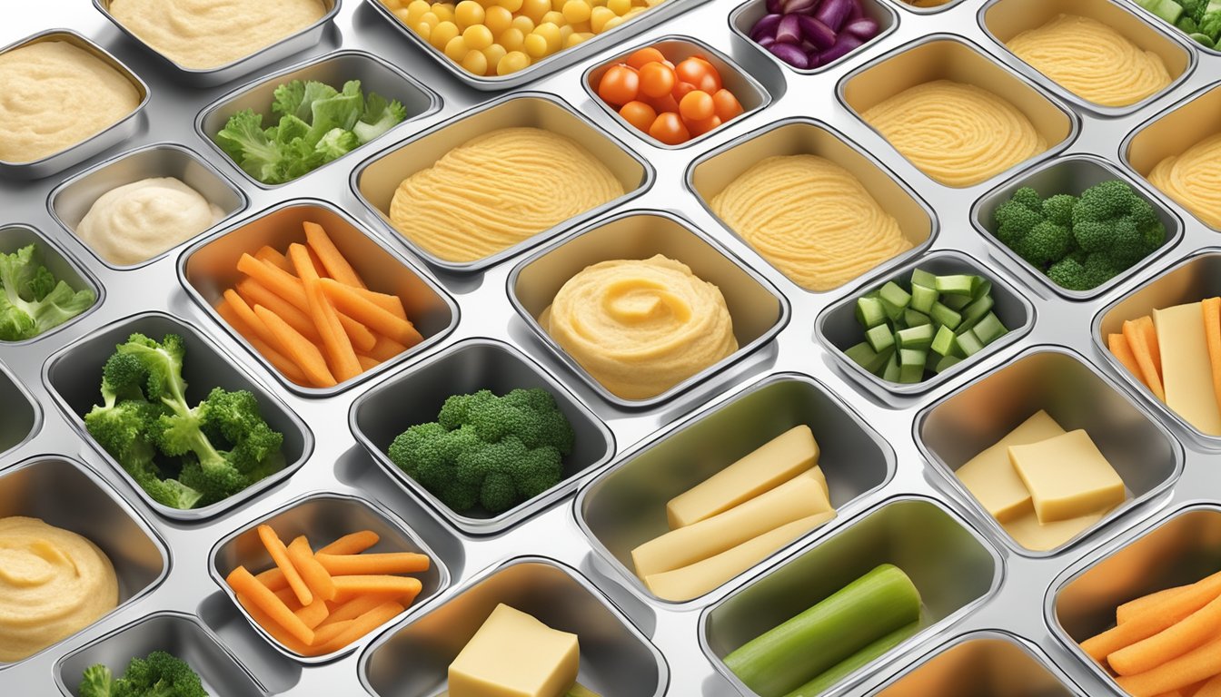 A container of frozen hummus being taken out of the freezer and placed on a kitchen counter, next to a variety of fresh vegetable sticks for dipping