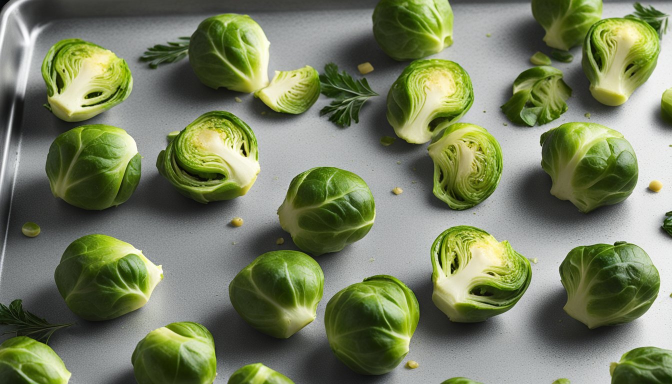 Fresh brussels sprouts being placed on a baking sheet, drizzled with olive oil, and seasoned before being placed in the freezer