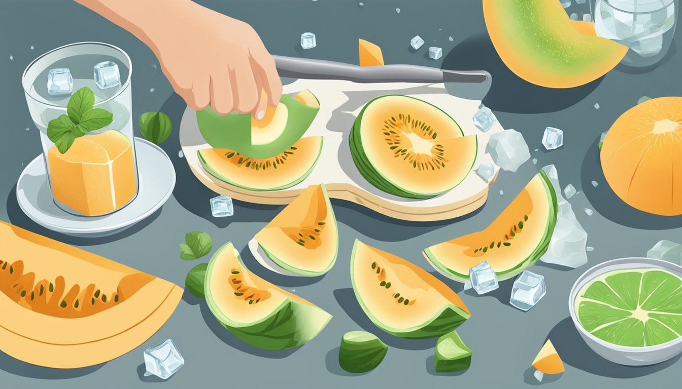 Fresh melon slices arranged on a baking sheet, surrounded by ice cubes and a blender, with a hand reaching for a slice