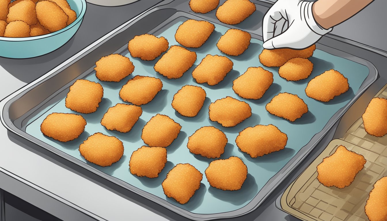 Homemade chicken nuggets arranged on a baking sheet, being placed in the freezer