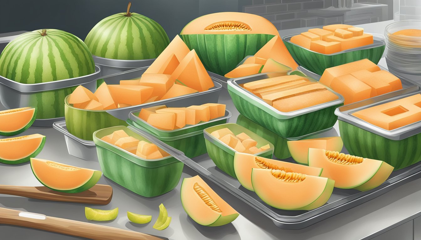 Fresh melon being sliced, scooped, and packed into airtight containers. Some pieces are placed on a baking sheet for flash freezing