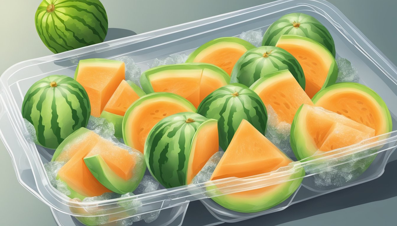 Fresh melon chunks placed in a tray, covered with plastic wrap, and placed in the freezer