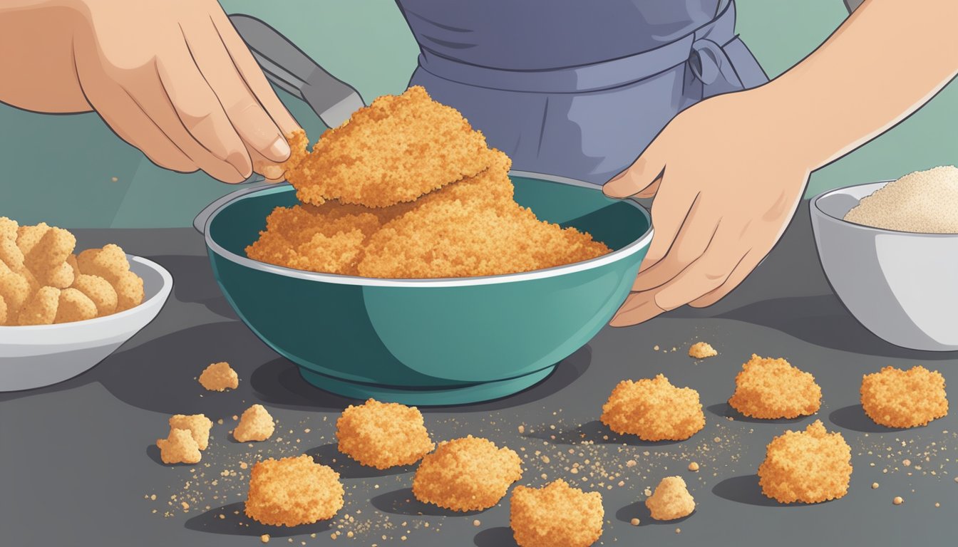 A person mixes ground chicken, breadcrumbs, and seasonings in a bowl. They shape the mixture into nuggets and place them on a baking sheet