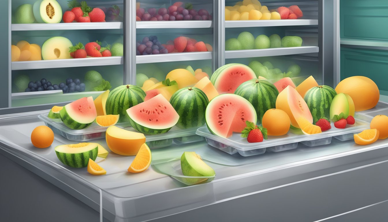 Fresh melon slices arranged on a tray, covered in plastic wrap, and placed in the freezer. A blender and various fruits and ingredients nearby