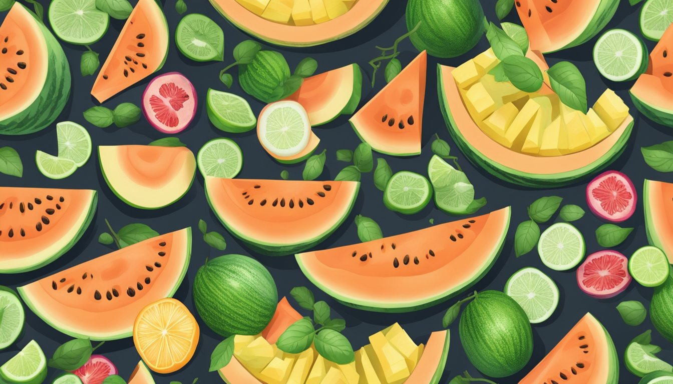 Fresh melon slices arranged on a baking sheet, surrounded by assorted fruits, a blender, and freezer bags