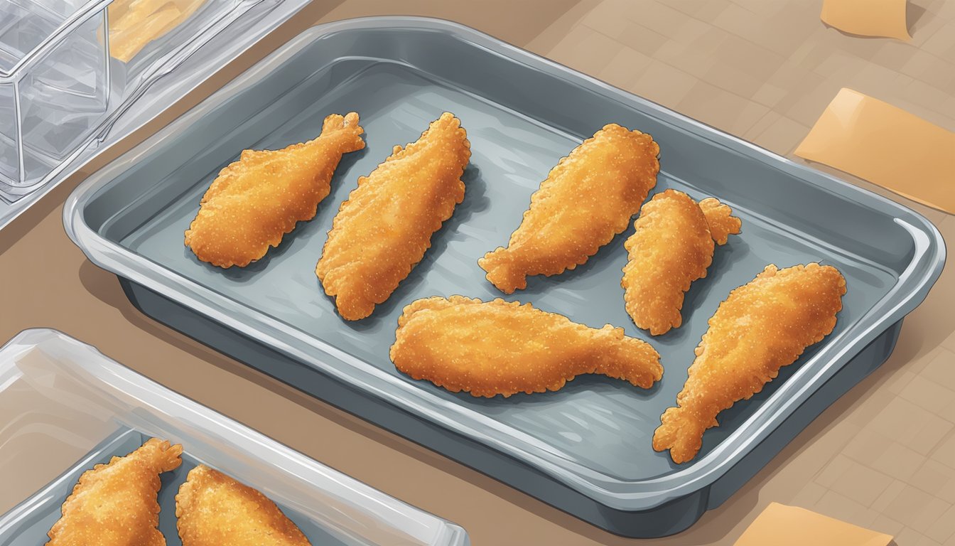 Chicken tenders being placed on a baking sheet, covered with plastic wrap, and placed in the freezer