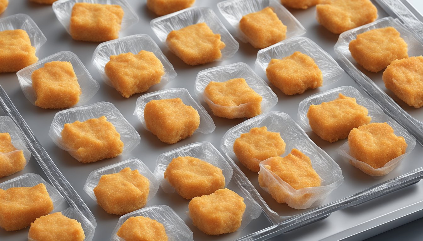 Homemade chicken nuggets arranged on a baking sheet, covered in plastic wrap, then placed in a freezer