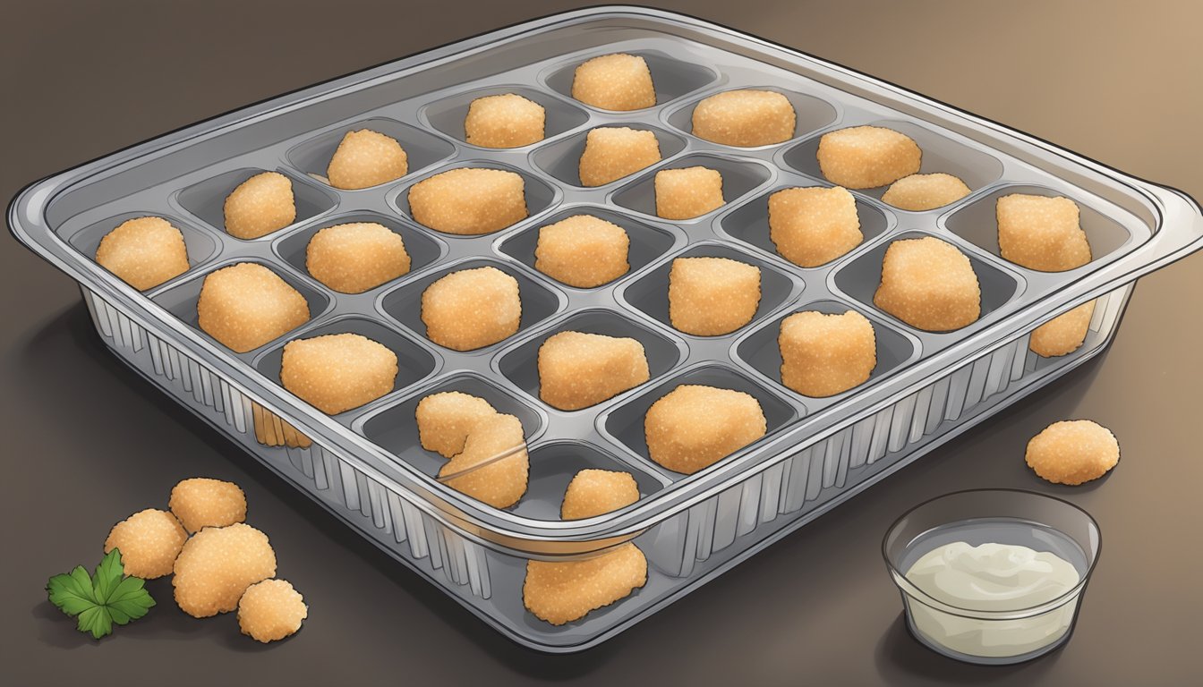 Frozen chicken nuggets arranged on a baking sheet, sealed in airtight containers, and labeled with the date