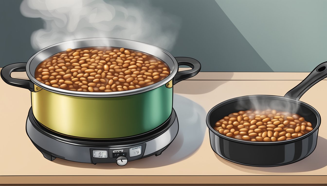 A pot of baked beans simmering on a stovetop, with steam rising and a container of frozen beans next to it