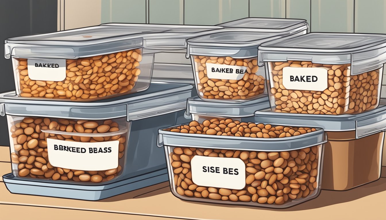 Baked beans being poured into plastic freezer containers with lids, labeled and stacked in the freezer for barbecue sides