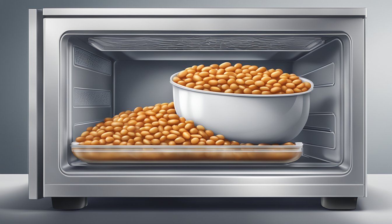 A container of baked beans being removed from the freezer and placed in a microwave for reheating