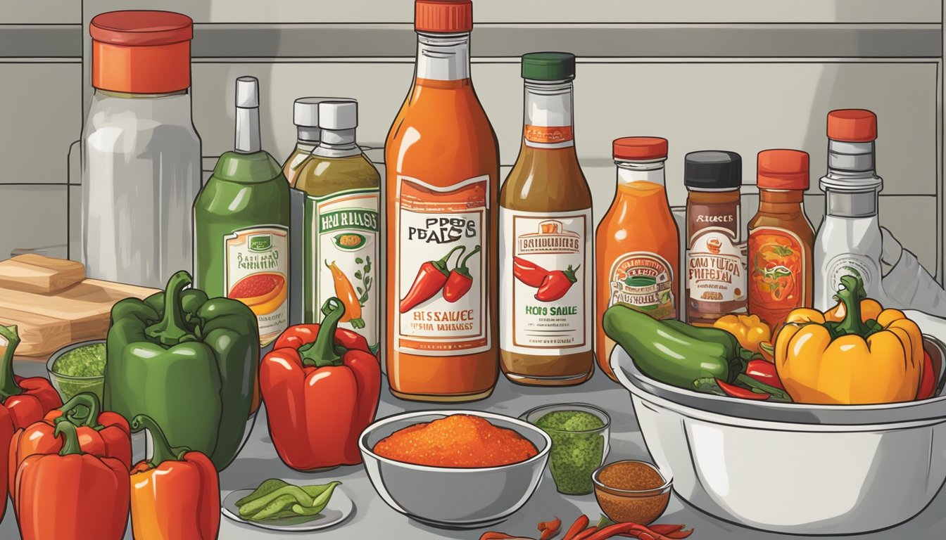 A bottle of hot sauce being placed in a freezer next to various ingredients like peppers, vinegar, and spices