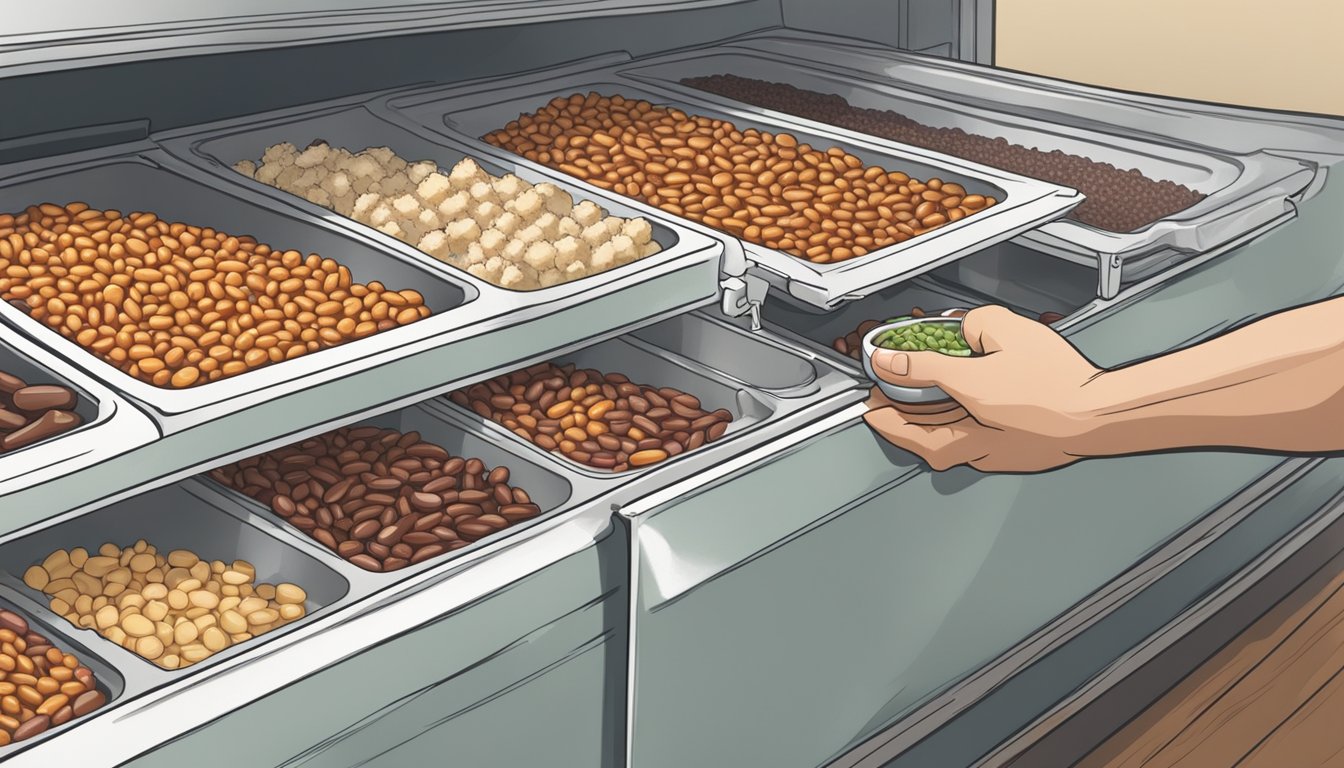 A hand reaching into a freezer, placing a container of frozen baked beans next to other frozen barbecue sides