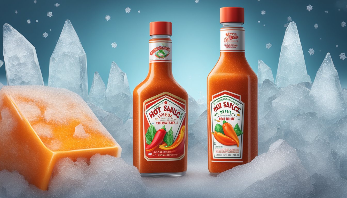 A bottle of hot sauce sits in a freezer next to ice crystals forming on its surface