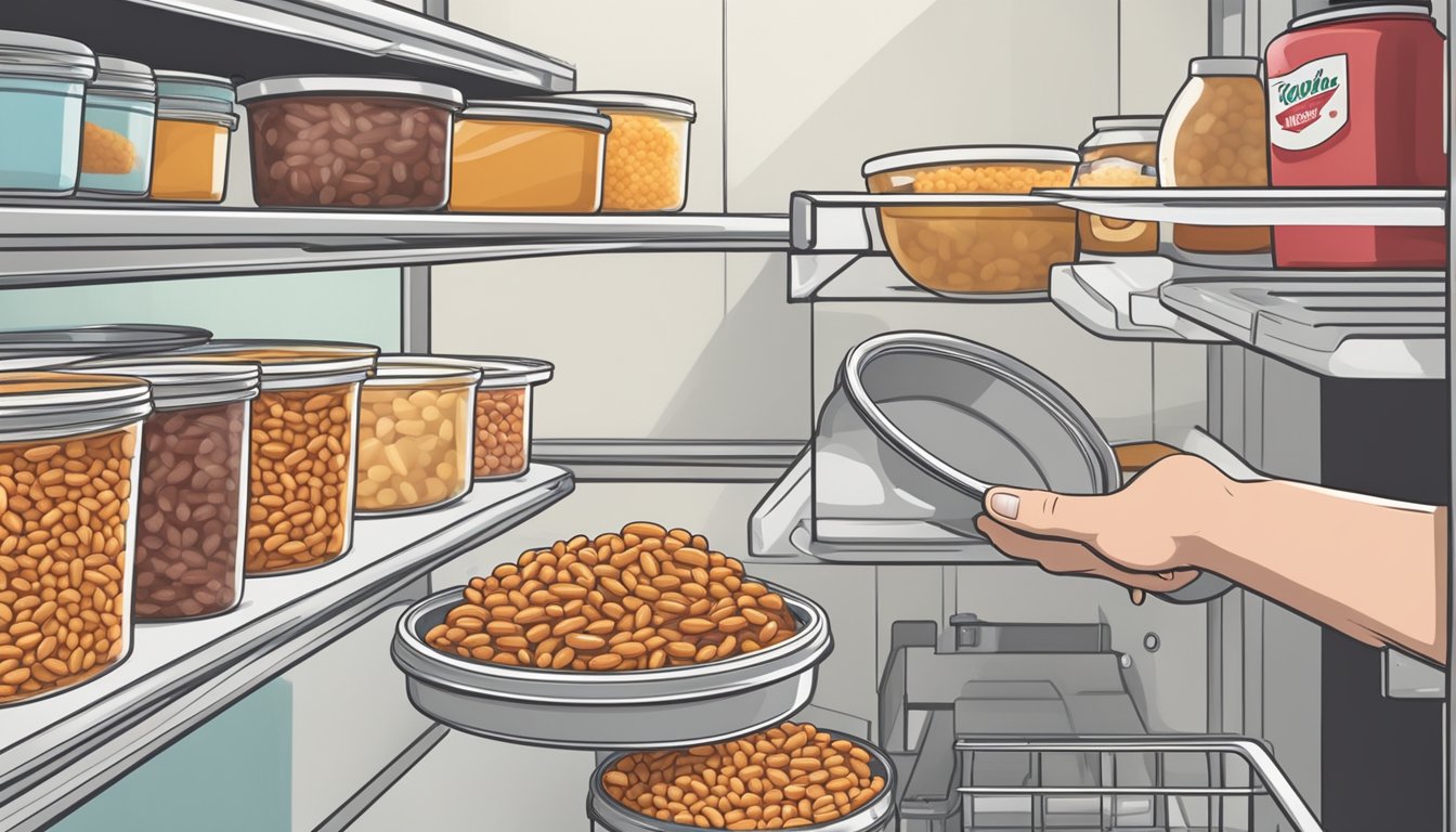 A hand placing a container of baked beans in a freezer with other frozen food items