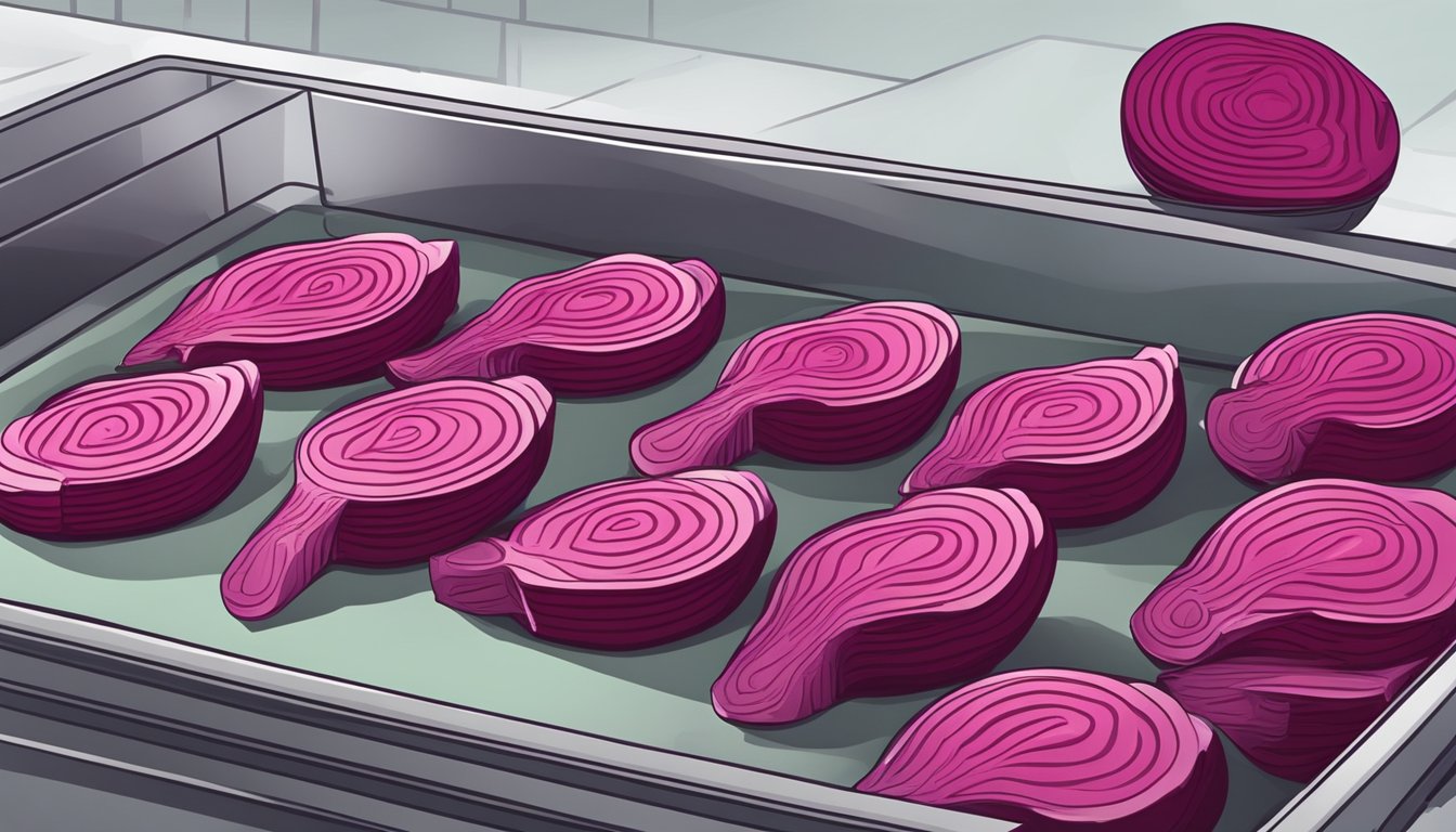 Fresh beetroot being sliced and placed on a baking sheet, then frozen and stored in a freezer