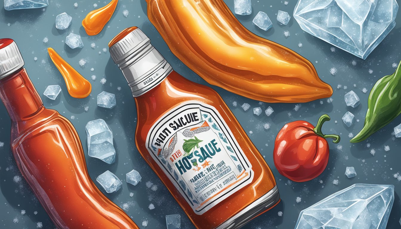 A bottle of hot sauce sits in a freezer, surrounded by ice crystals as it slowly solidifies