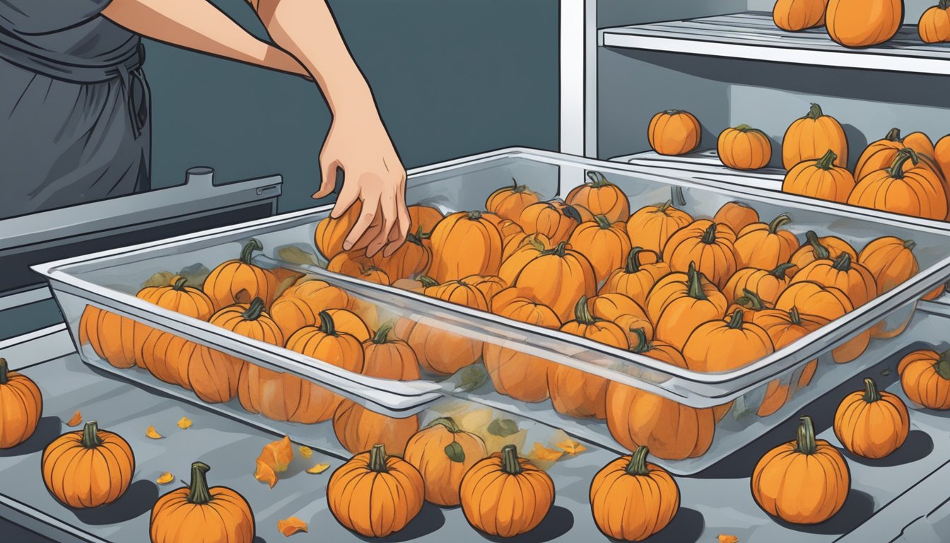 A person placing freshly cut pumpkin pieces into a freezer bag, sealing it, and placing it in the freezer