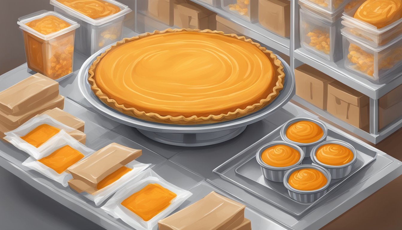 A whole pumpkin pie being carefully wrapped in plastic wrap and placed into a freezer, surrounded by bags of frozen pumpkin puree and soup