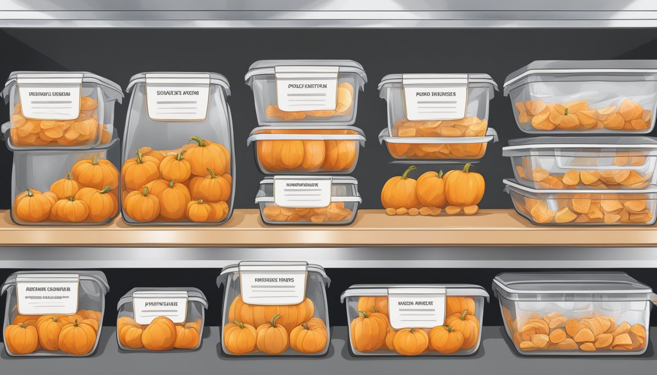 Fresh pumpkin pieces being placed in airtight freezer bags, labeled and dated, then stored in the freezer