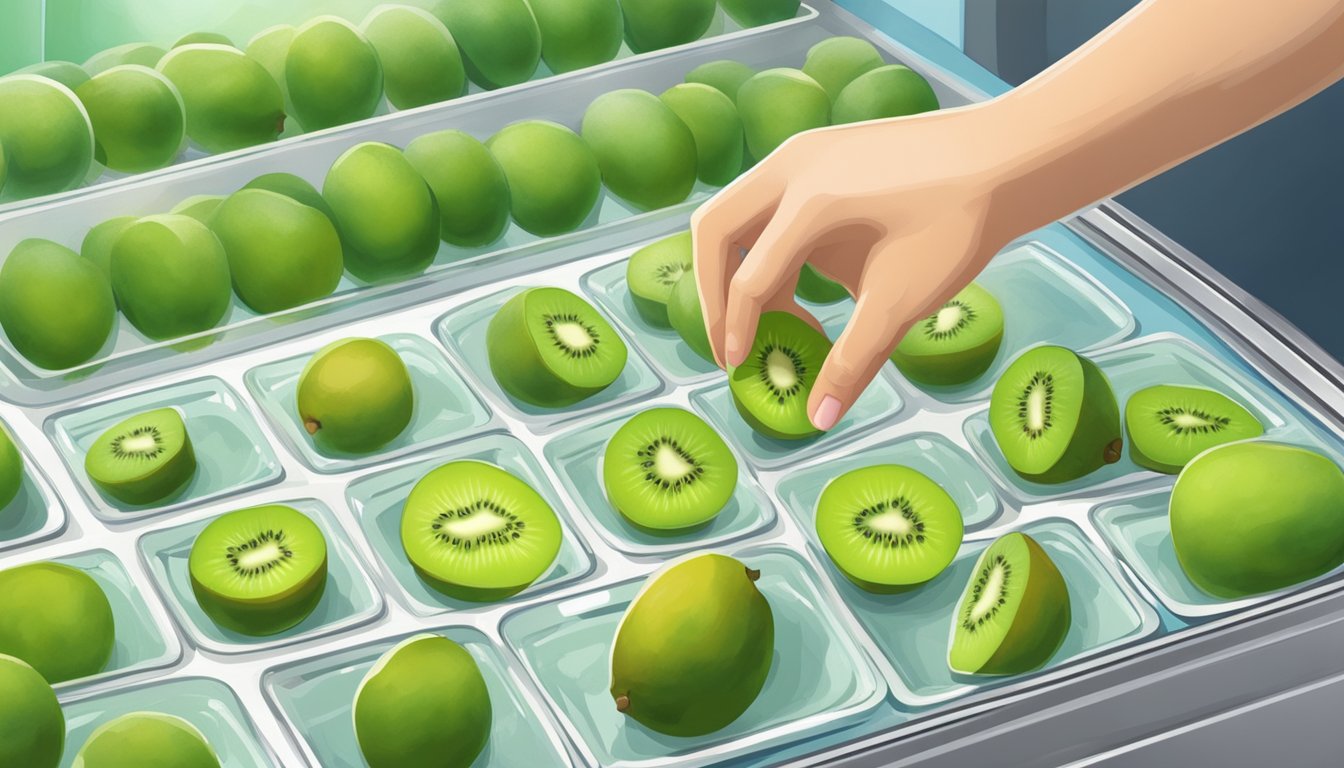 A freezer door open, revealing a tray of freshly cut kiwi slices. A hand reaches for a plastic bag to store the fruit for freezing