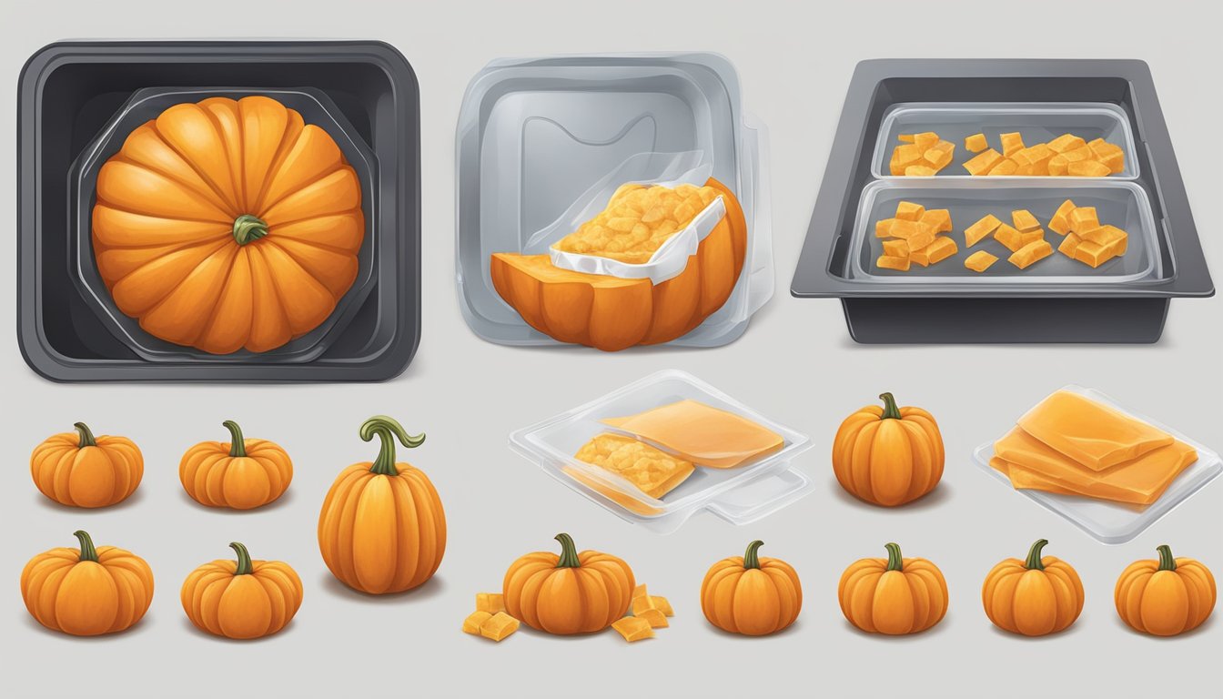 A pumpkin being sliced and diced, then placed in a freezer bag, sealed, and placed in the freezer