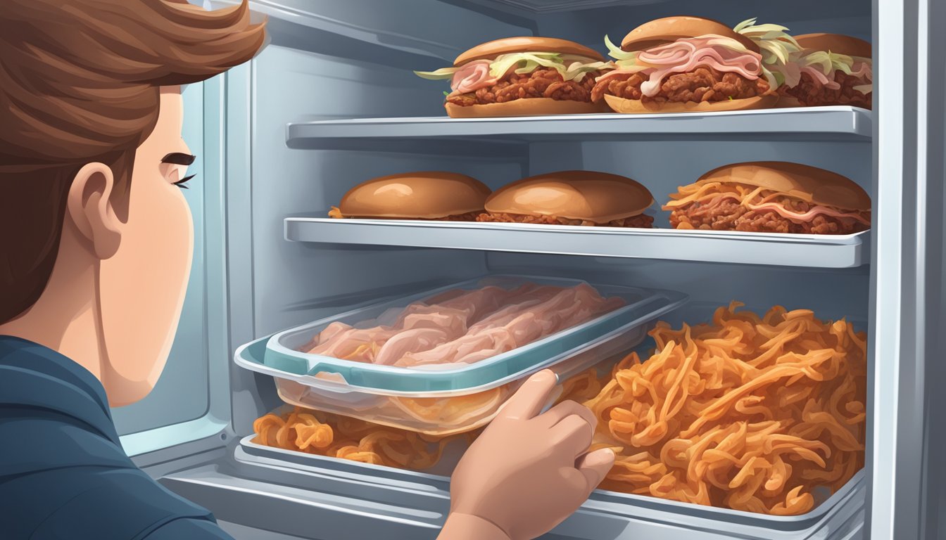 A hand reaching into a freezer, placing a container of cooked pulled pork inside. The freezer door is open, revealing other frozen items inside