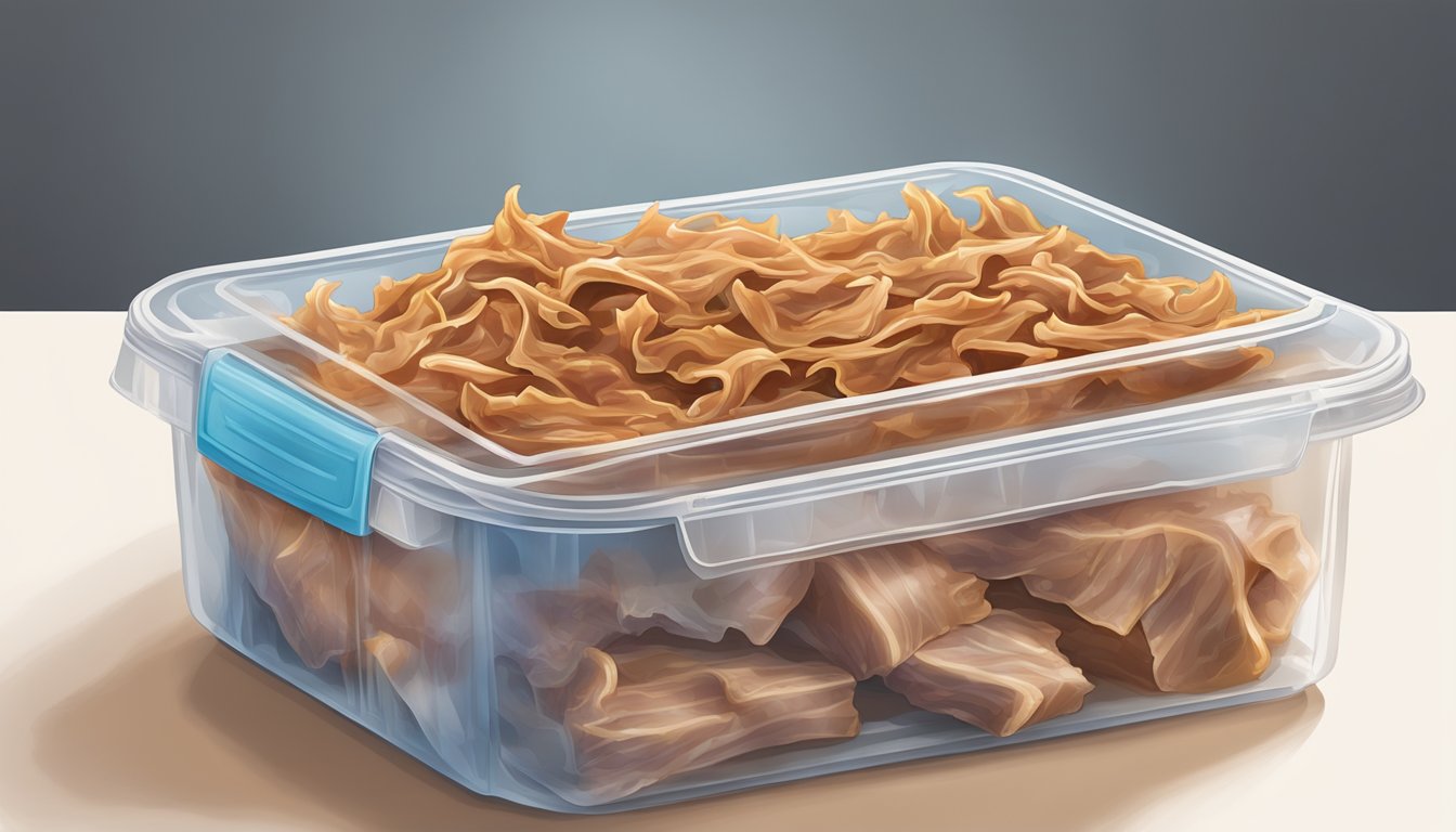 A container of cooked pulled pork being sealed with plastic wrap and placed in a freezer