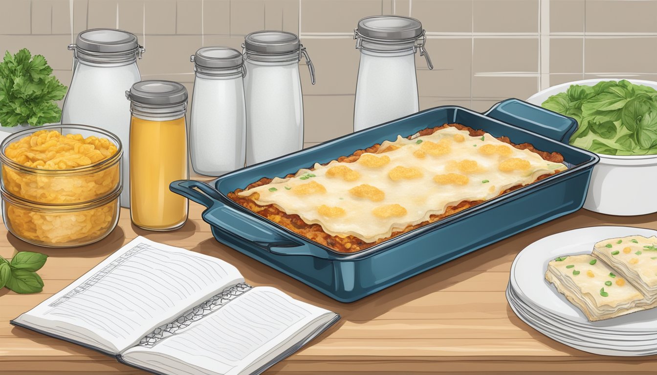 A kitchen counter with a tray of frozen lasagna, a labeled container, and an open recipe book