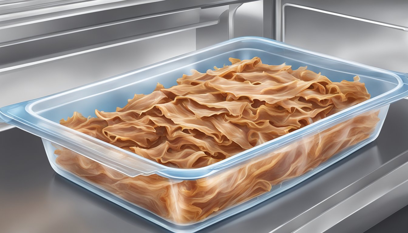 A container of cooked pulled pork being sealed with plastic wrap and placed in a freezer