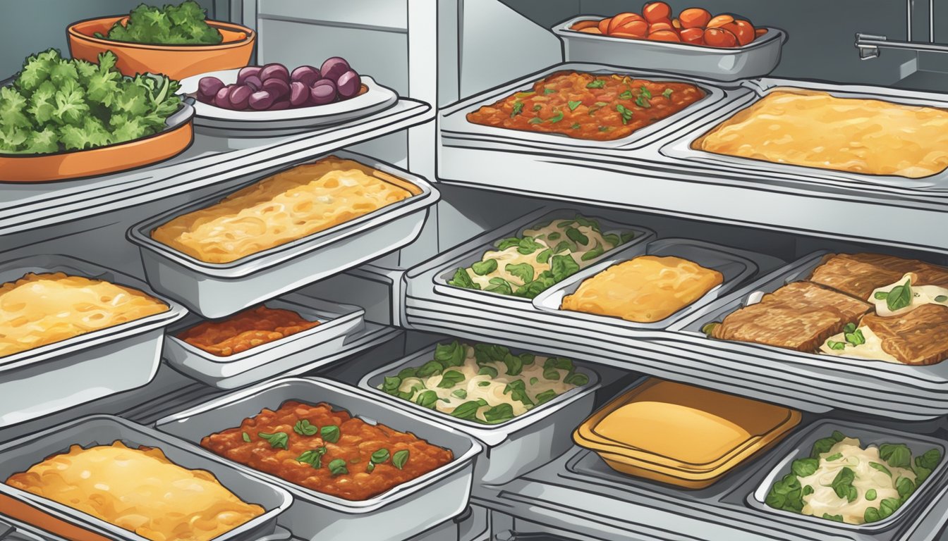 A lasagna dish being placed into a freezer, surrounded by other pre-made meals