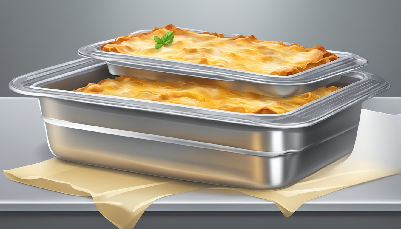 A pan of lasagna wrapped in plastic and aluminum foil, placed in a freezer