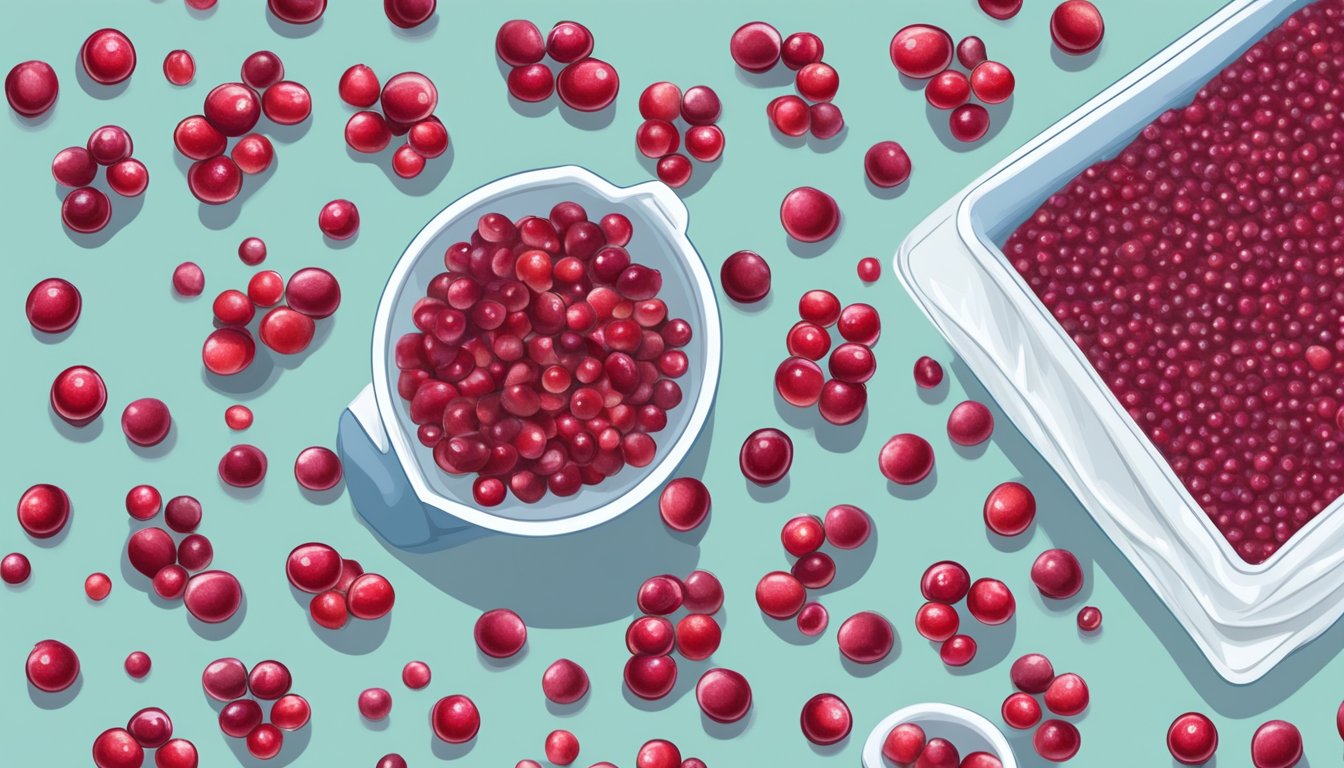 Fresh cranberries being washed, sorted, and dried on a clean towel before being spread out in a single layer on a baking sheet to freeze