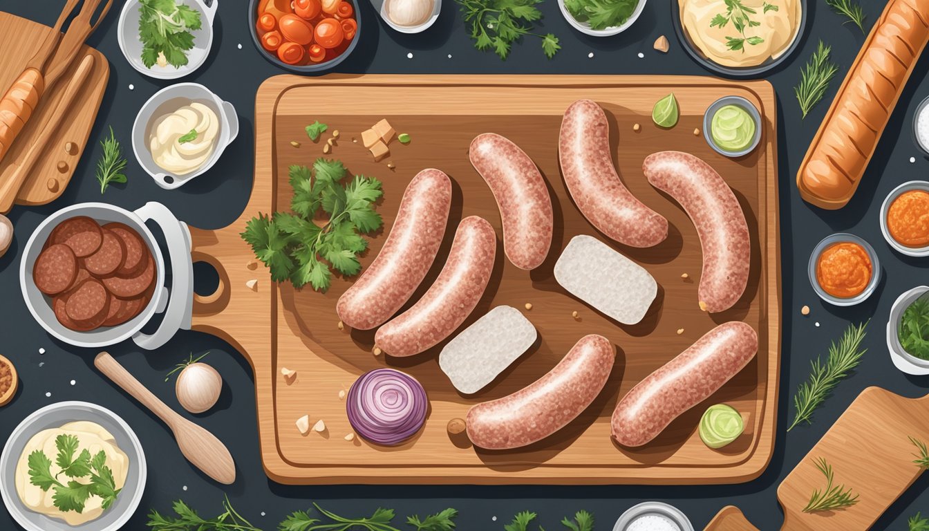 A package of frozen sausages arranged in a pattern on a cutting board, surrounded by various kitchen utensils and ingredients