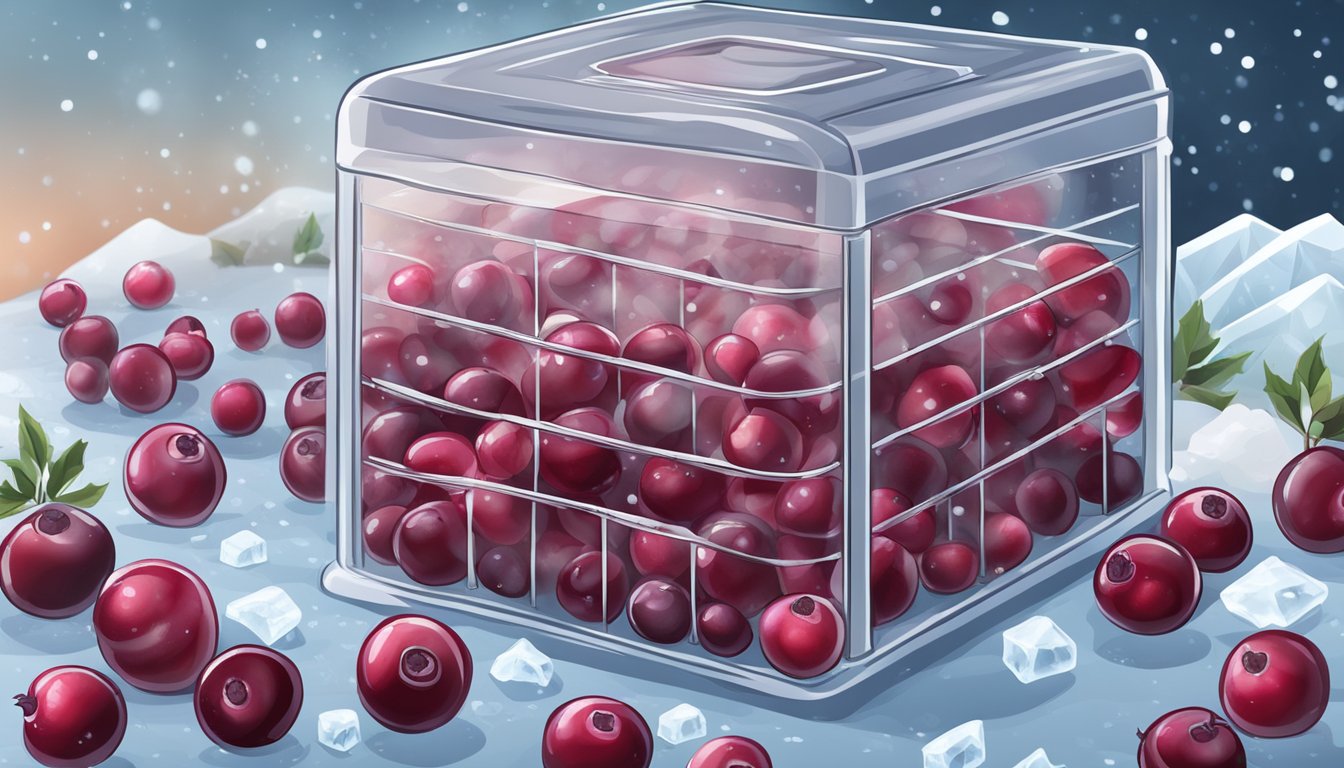 Fresh cranberries in a freezer, surrounded by ice crystals. A sealed bag of cranberries sits next to the freezer