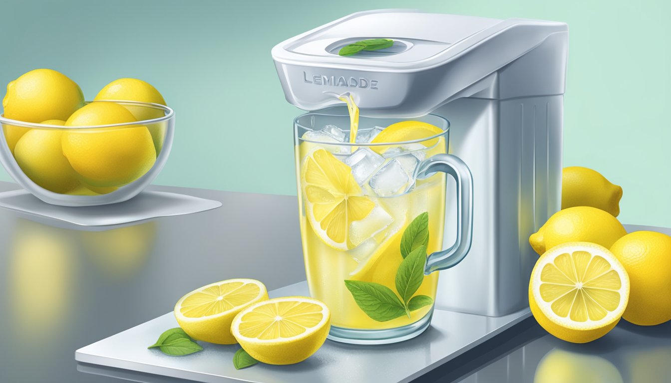 A pitcher of freshly squeezed lemonade being poured into ice cube trays, then placed in the freezer