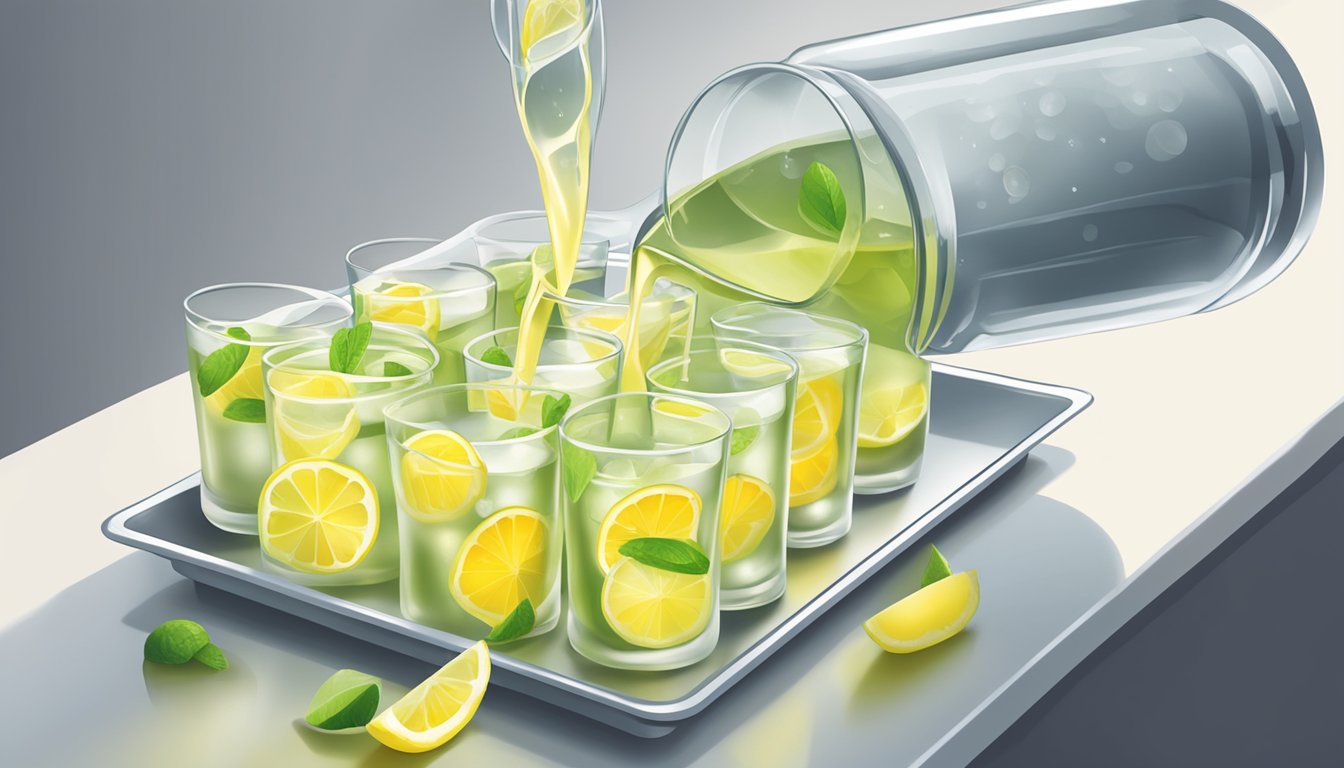 A glass pitcher filled with freshly squeezed lemonade concentrate being poured into ice cube trays for freezing