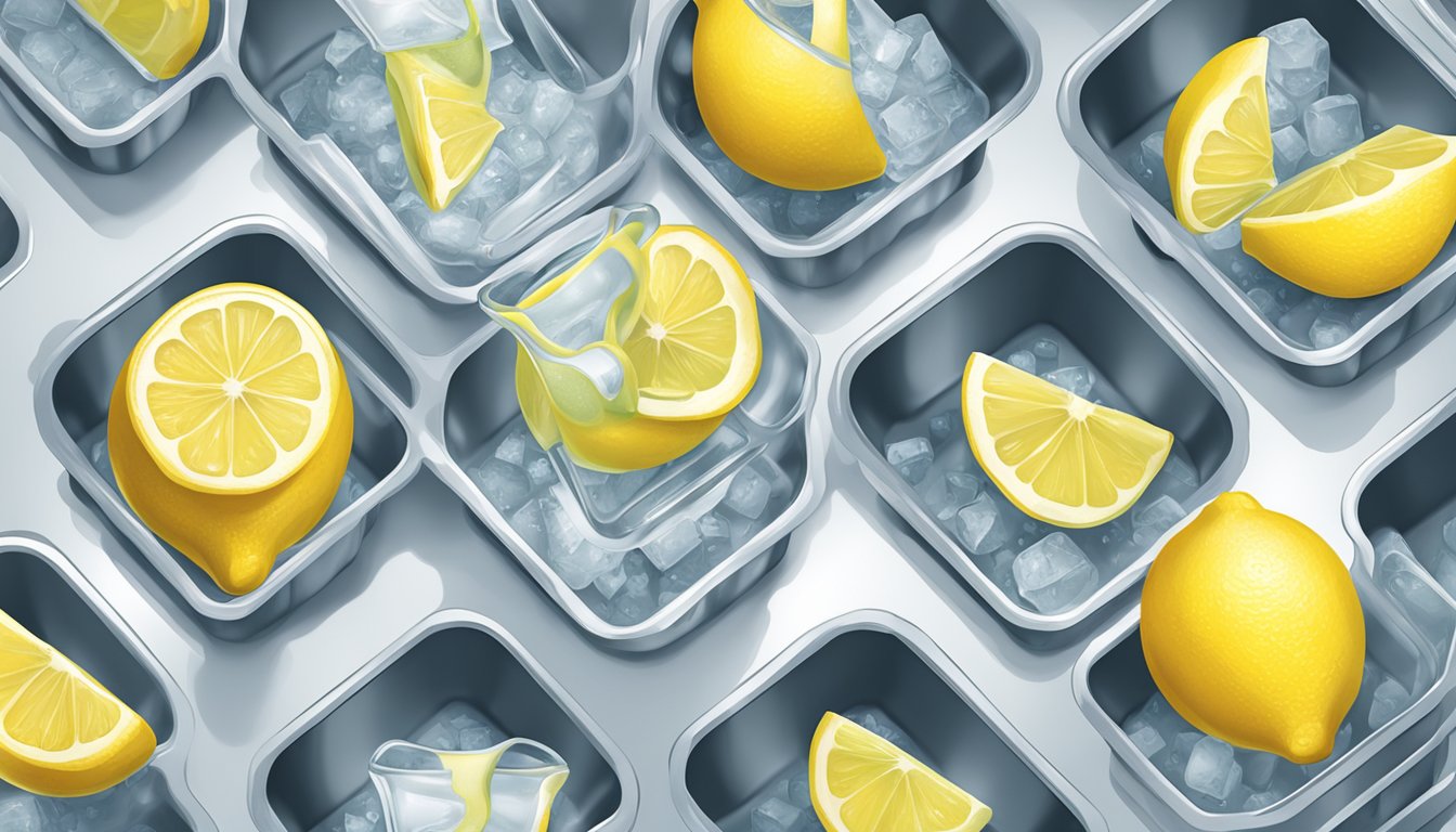 A pitcher of freshly squeezed lemonade concentrate being poured into ice cube trays and placed in the freezer