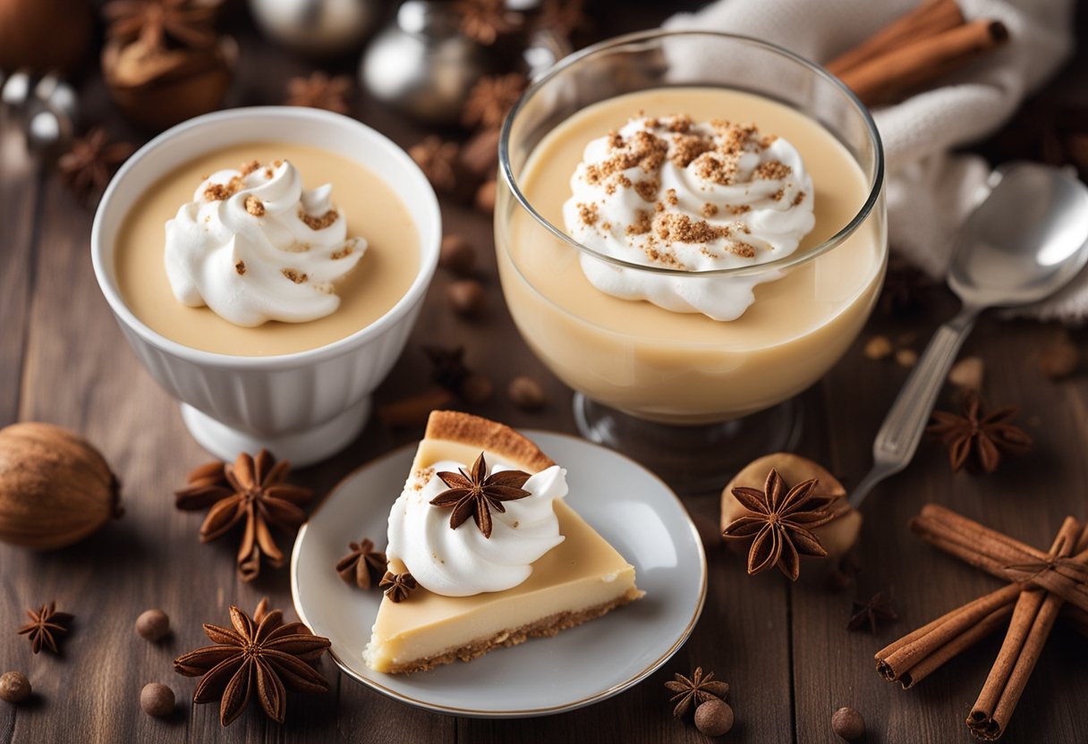 A festive table setting with a freshly baked eggnog pie surrounded by nutmeg, cinnamon sticks, and a dollop of whipped cream