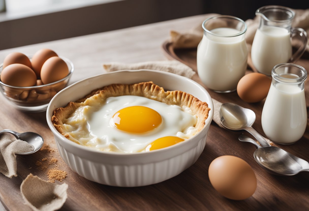 A table with a bowl of eggs, a carton of milk, sugar, nutmeg, and a pie crust, surrounded by measuring cups and spoons