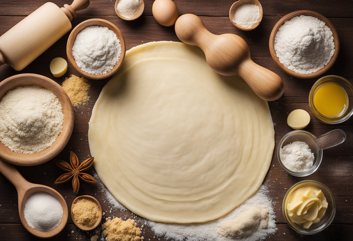 A rolling pin flattening dough on a floured surface, surrounded by ingredients like flour, butter, and eggnog