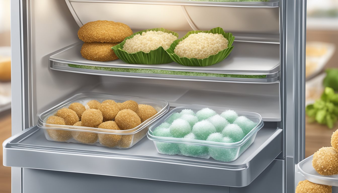 A freezer door open, revealing neatly arranged containers of homemade falafel. Ice crystals form on the packaging, indicating the food is well preserved