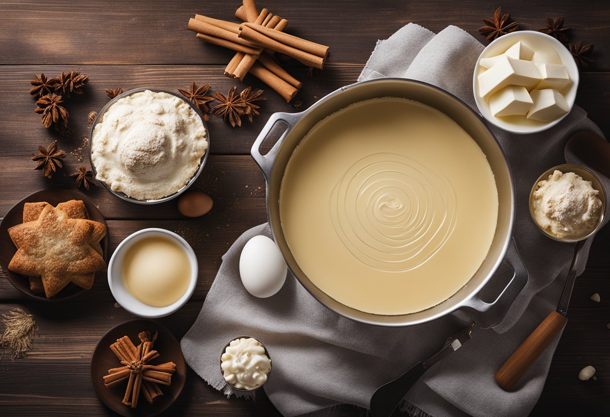 A festive kitchen scene with a mixing bowl, whisk, eggnog, pie crust, and a recipe card laid out on a wooden countertop