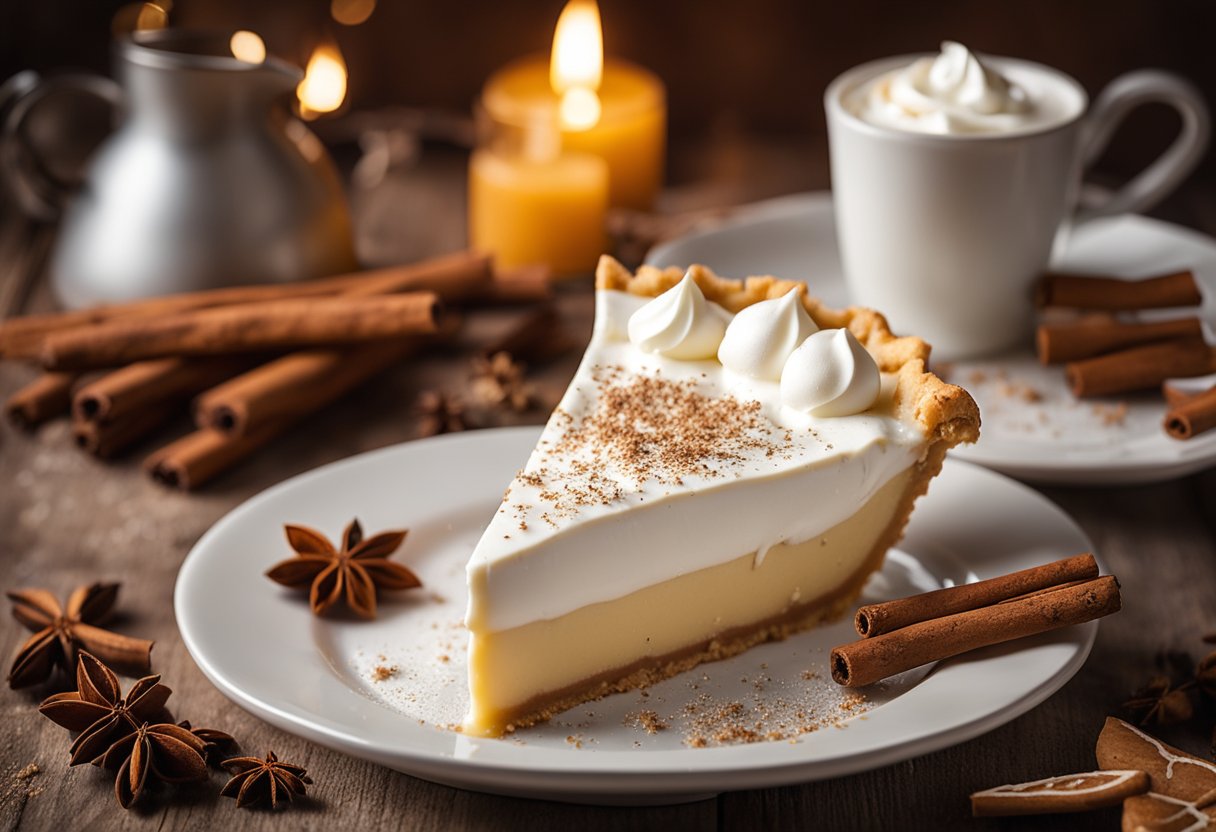 A festive eggnog pie sits on a rustic wooden table, surrounded by cinnamon sticks, nutmeg, and a dollop of whipped cream